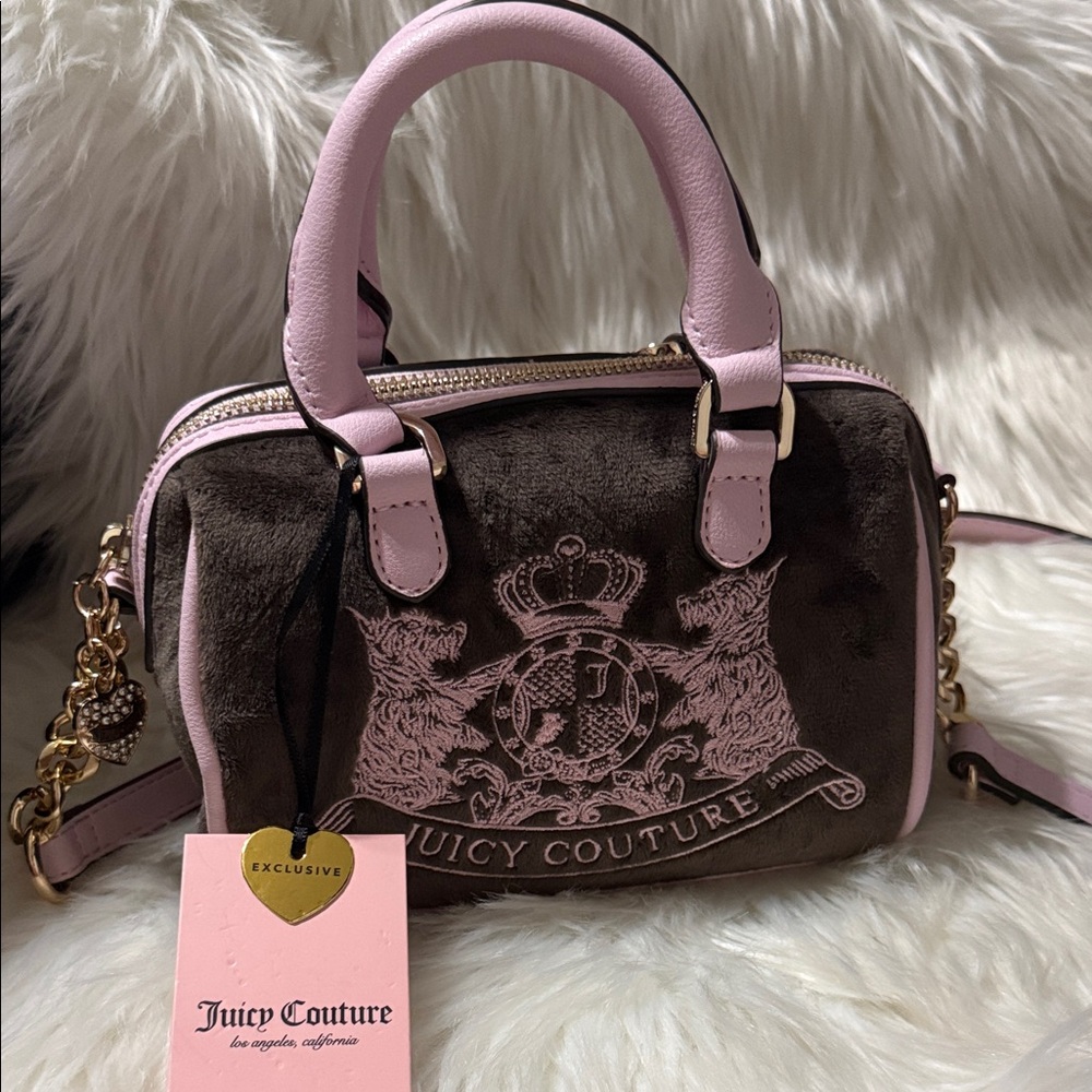 Juicy Couture Brown Velvet Mini Bag with Pink Trim